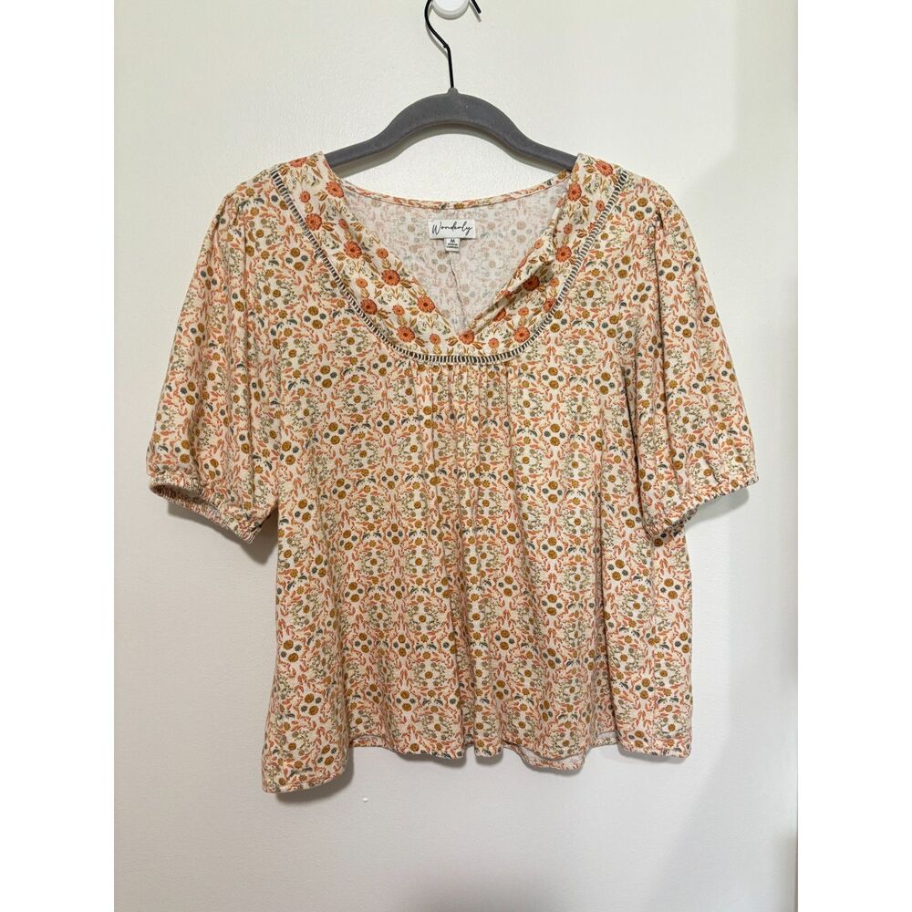 Wonderly Floral Boho‎ Blouse Linen Blend Cottagecore Peasant Top M Festival